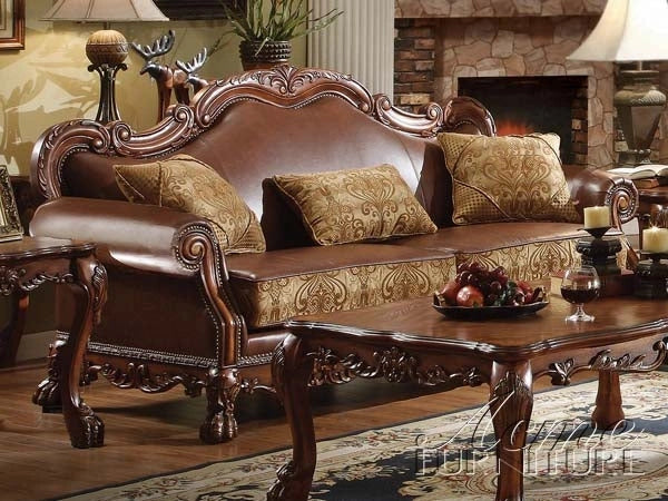 Dresden Brown PU & Chenille, Cherry Oak Sofa w/3 Pillows