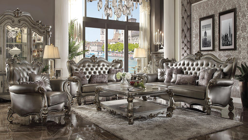 Versailles Silver PU & Antique Platinum Sofa w/6 Pillows - Couch Potato Furniture & Mattress (CA) - Multi Location